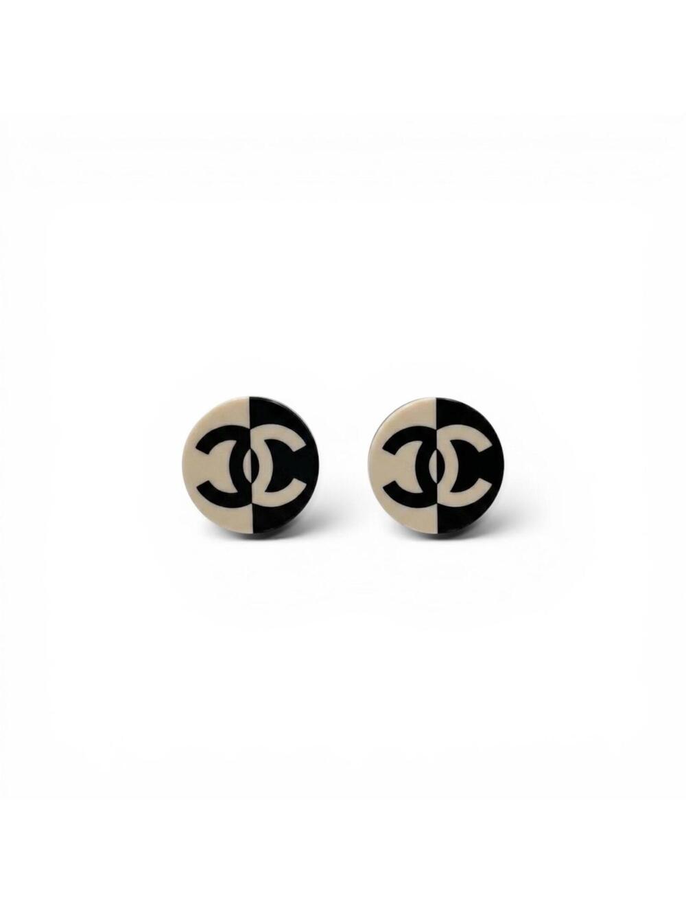 Chanel Black & White CC Logo Stud Earrings With Box Circa 2002